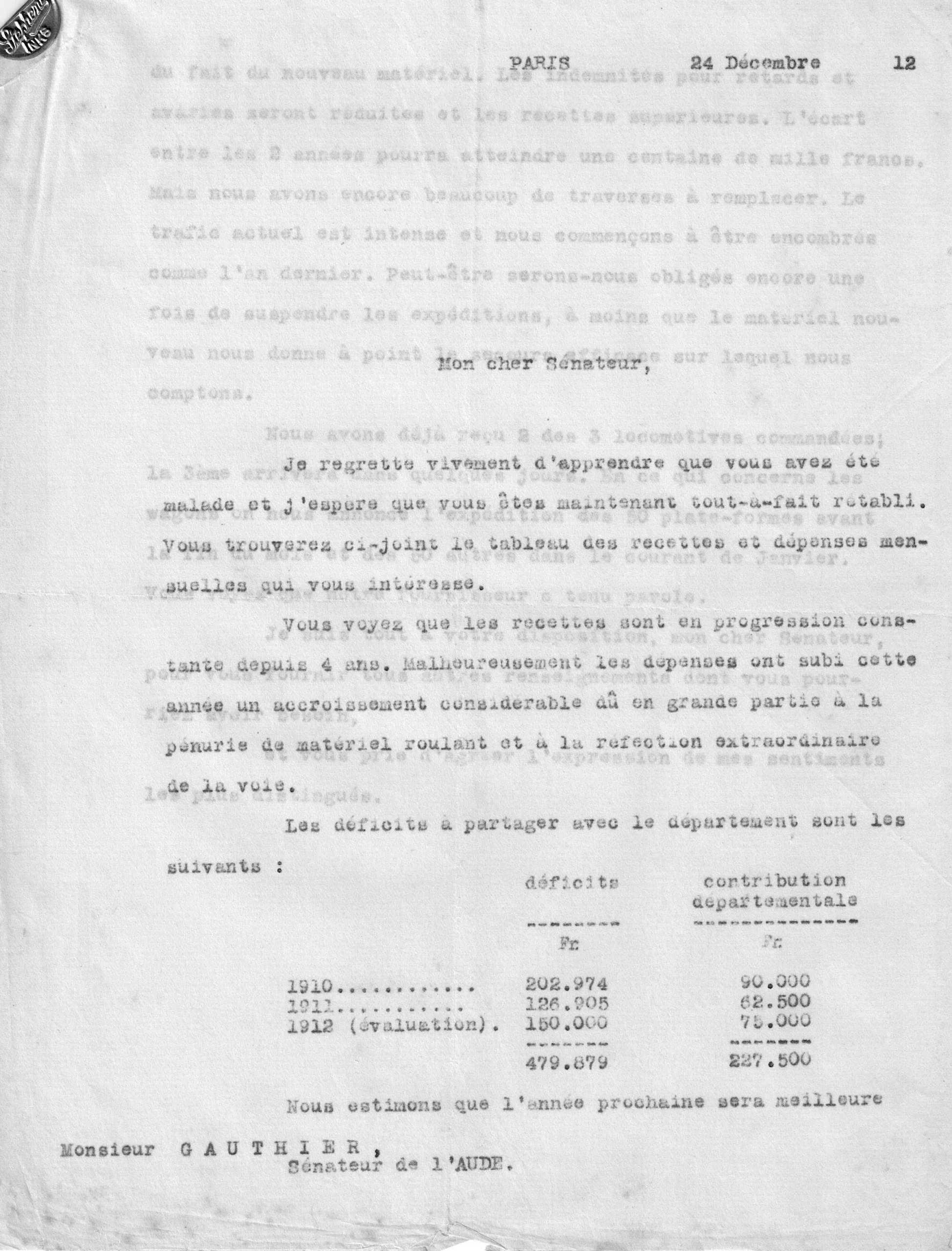 24 décembre 1912 — Les déficits