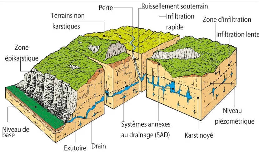L’aquifère karstique, [Source : d’après A. Mangin