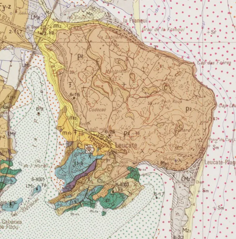 Extrait de la carte géologique du BRGM limité au plateau de Leucate.